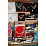 TWO BOXES OF COSTUME JEWELLERY to include a Scottish agate brooch, sugar nips, a number of vintage