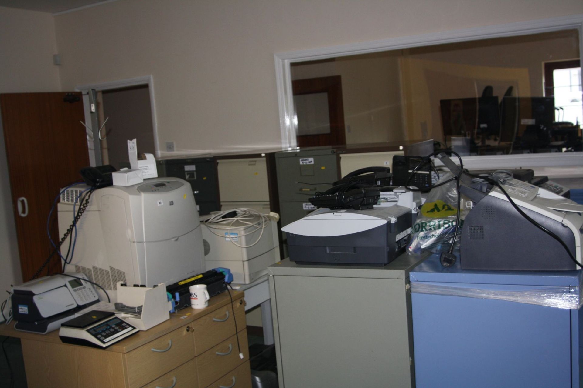 SIX OFFICE PRINTERS, a Fax Machine and a Neo Post Franking machine. These include a HP Colour