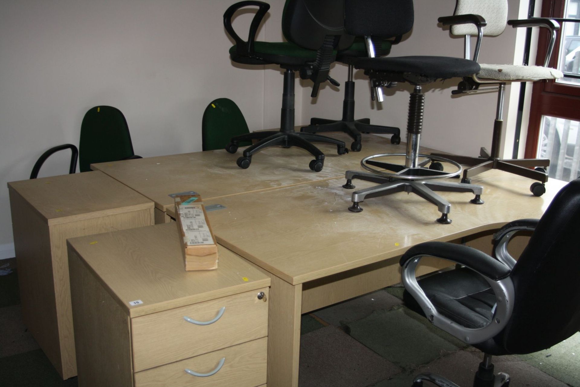 TWO MODERN CURVED OFFICE DESKS, with two matching three drawer units and seven office chairs(2