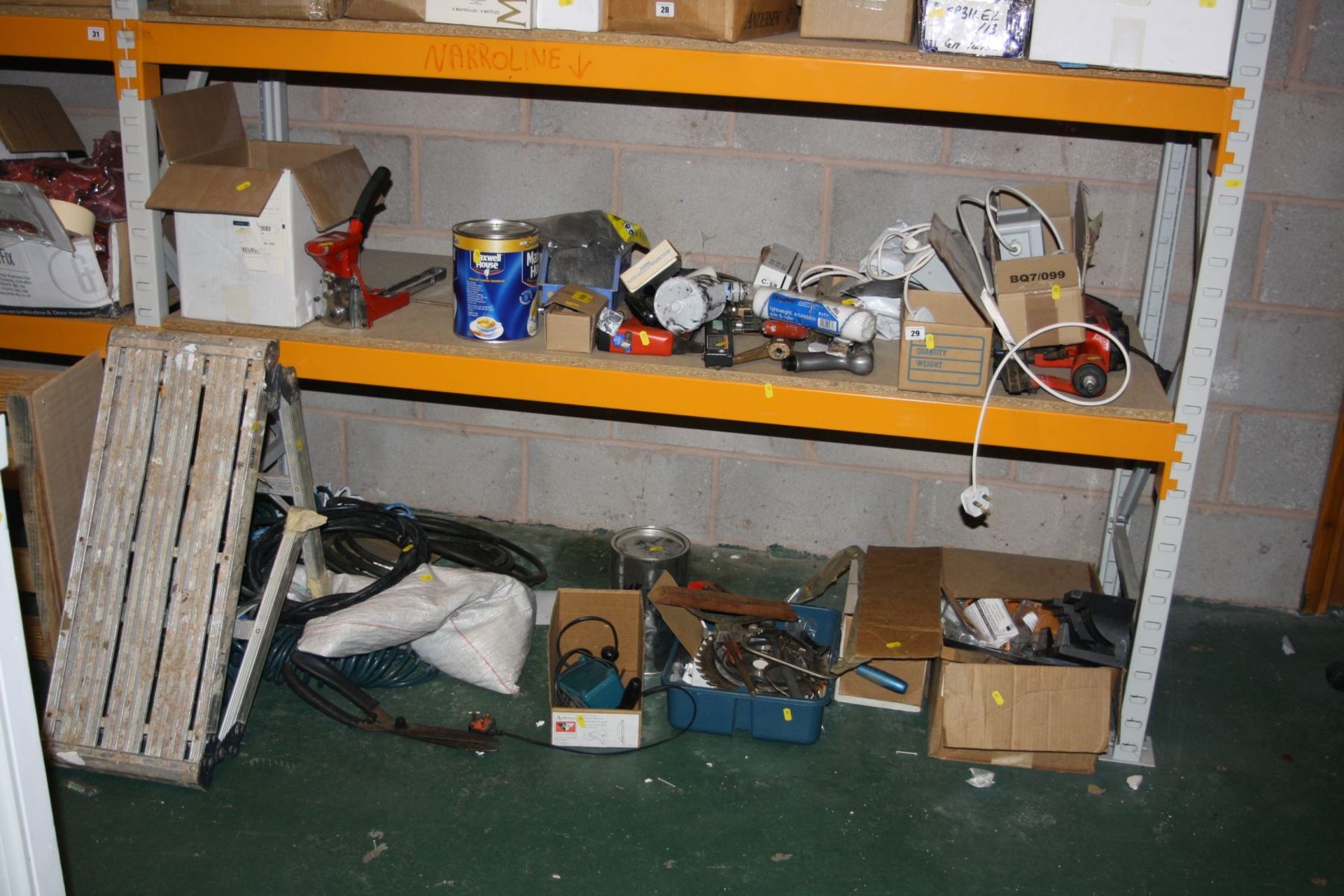 TWO SHELVES OF TOOLS AND FIXINGS including a Bosch Professional Electric Planer, Air Staplers,