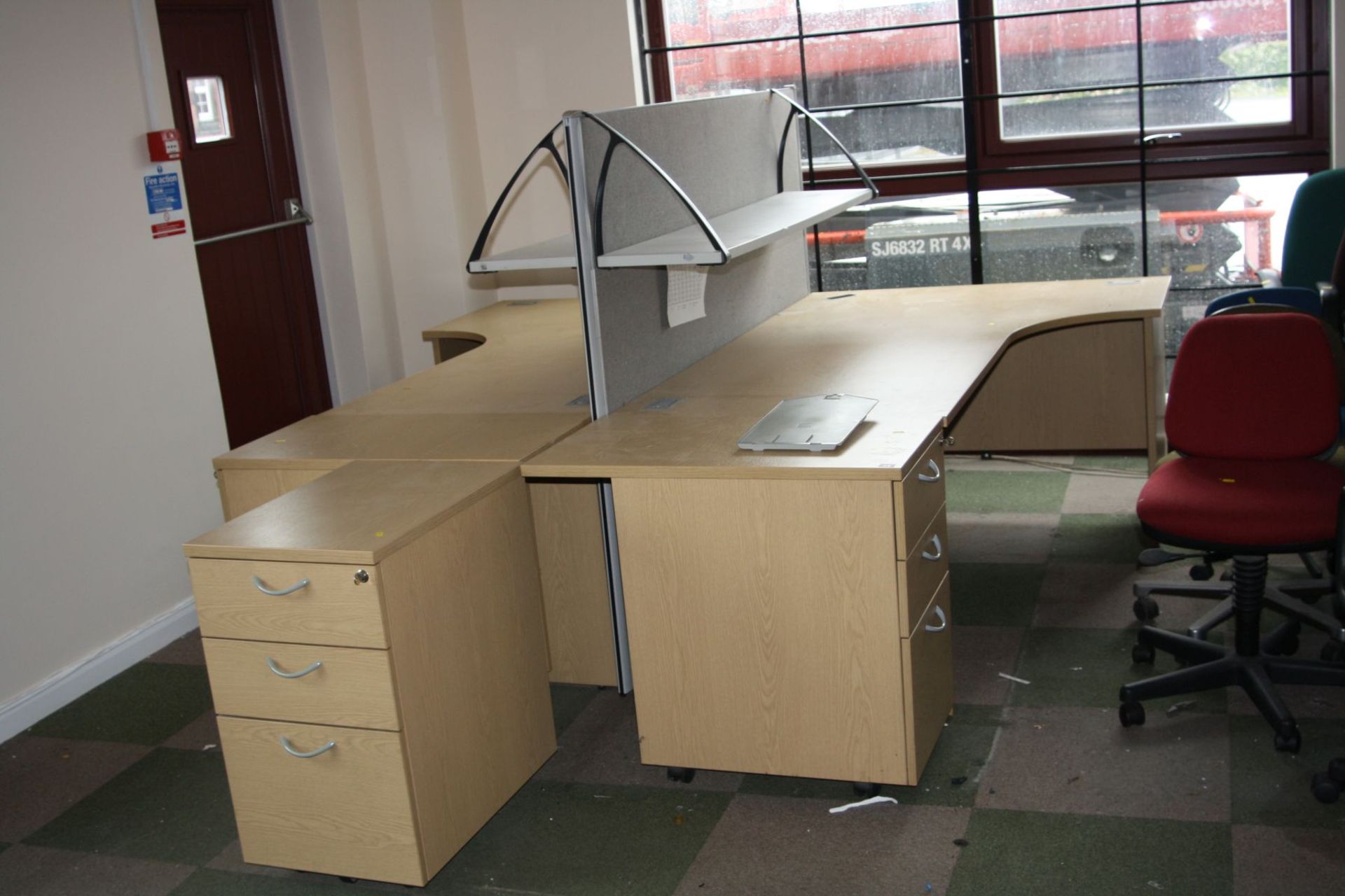 TWO MODERN CURVED OFFICE DESKS, with three matching three drawer units and a screen divider ( 3