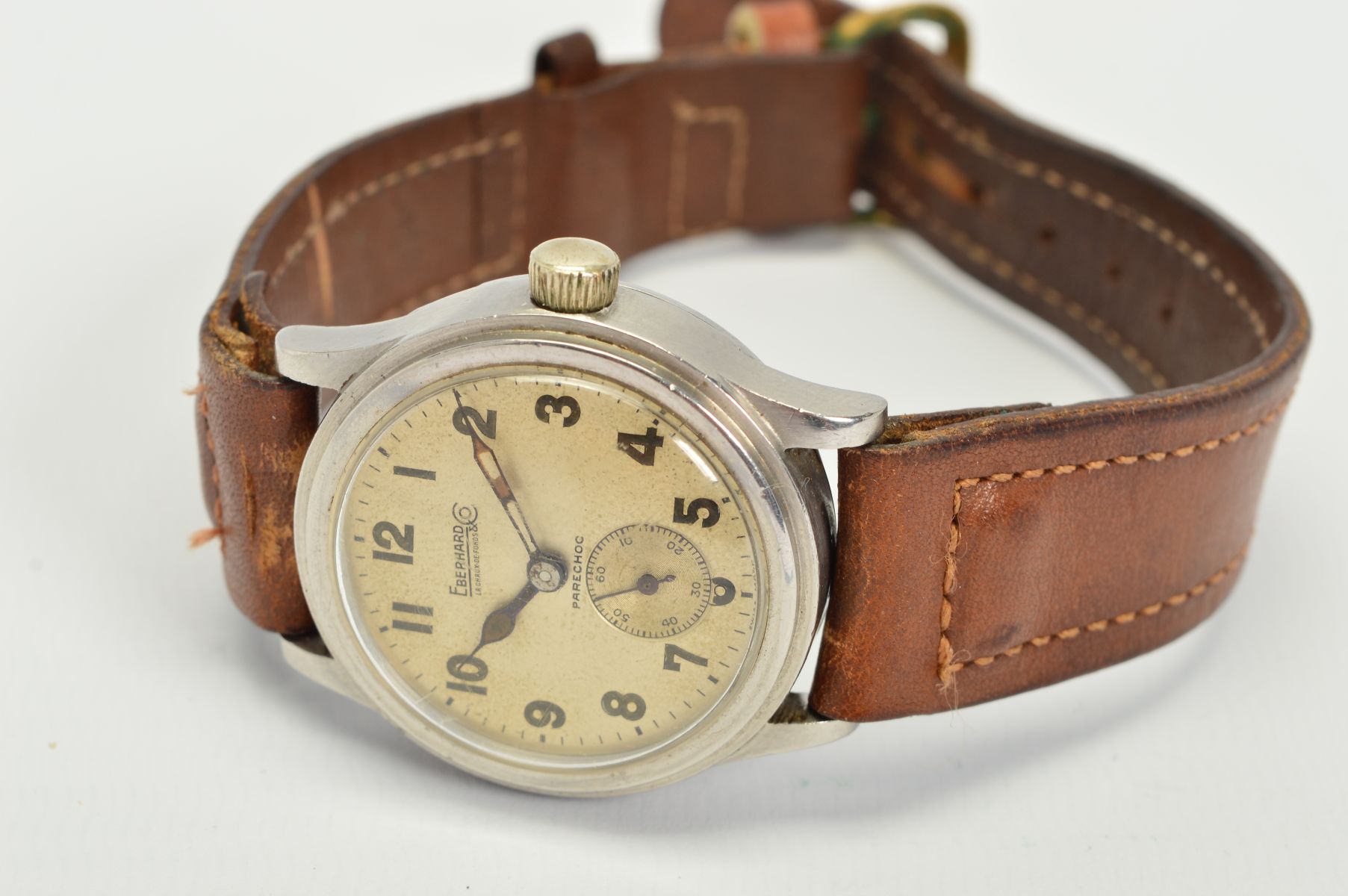 GENT'S EBERHARD MECHANICAL WRISTWATCH, 15 jewel Incabloc movement, steel case, brown leather - Image 2 of 3