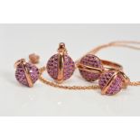 A MODERN 9CT ROSE GOLD FIORELLI RHODALITE GARNET SET SUITE, to include a pendant, drop earrings