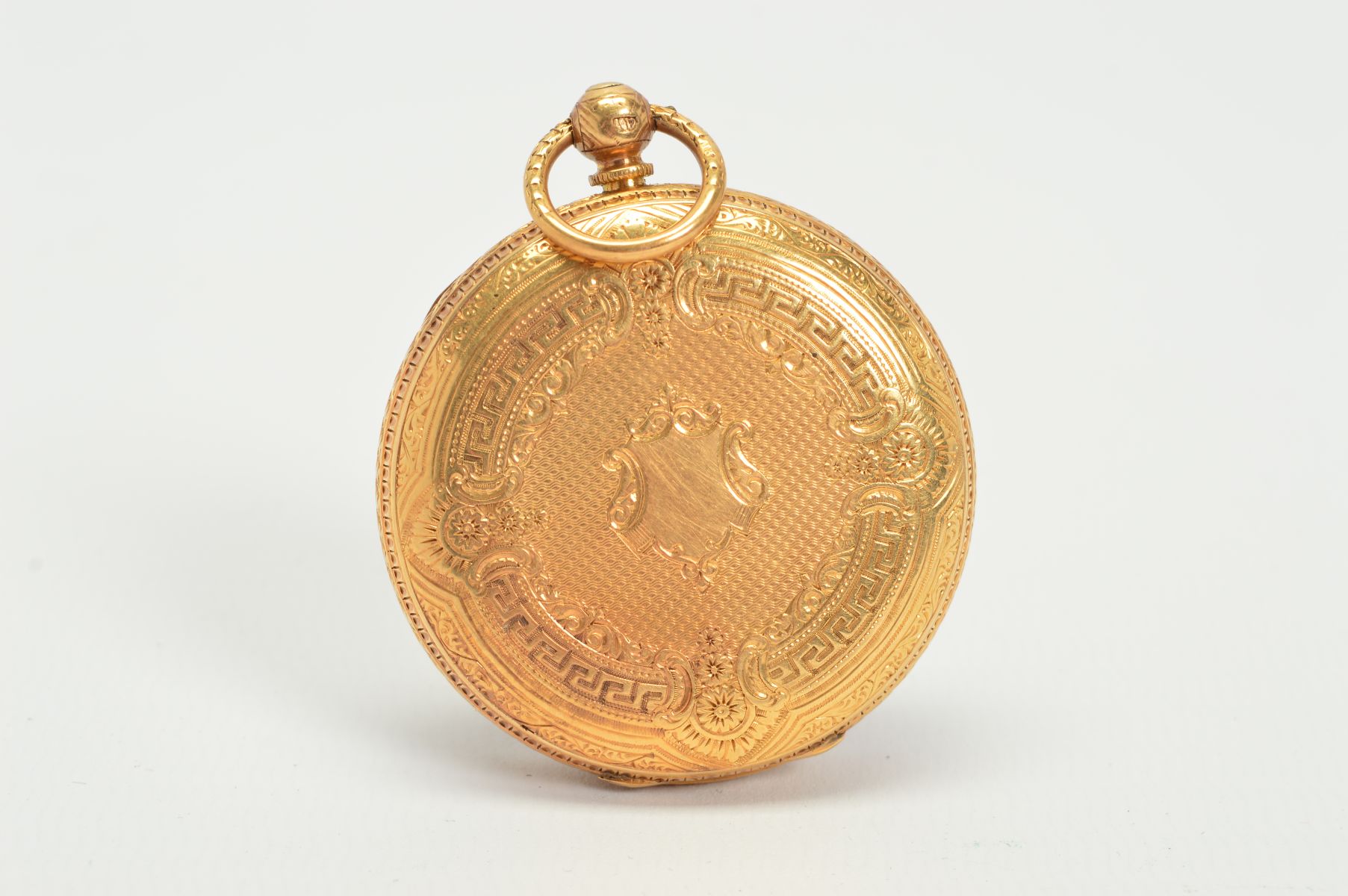 AN 18CT GOLD POCKET WATCH, measuring approximately 38mm in diameter, fancy floral and engine - Image 2 of 4