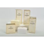 A SELECTION OF CHANEL NO.5 TOILETRIES, to include three boxed and sealed Chanel No.5 talcs, 150