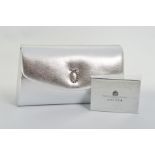 LAUNER LONDON SILVER CLUTCH BAG, the structured silver bag with front flap, press stud fastening