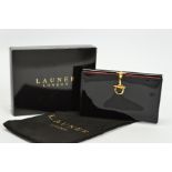 LAUNER LONDON BLACK PATENT LEATHER PURSE, designed as a concertina coin section with flap press stud