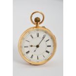 AN 18CT OPEN FACED CHRONOGRAPH POCKET WATCH, engraved monogram to case back, Roman numeral, enamel