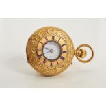 A CASED 18CT LADIES HALF HUNTER FOB WATCH BY J.W. BENSONS, foliate engraved with blind cartouche,