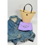 LU LU GUINNESS BAG AND CERRUTI DENIM JACKET, the bag designed as a structured tapered outline with