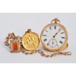 AN 18CT FRENCH OPEN FACED POCKET WATCH, enamel dial, secondary dial, plated dust cover, case
