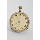 AN OMEGA OPEN FACED POCKET WATCH, Roman numeral, enamel dial with subsidiary seconds dial,