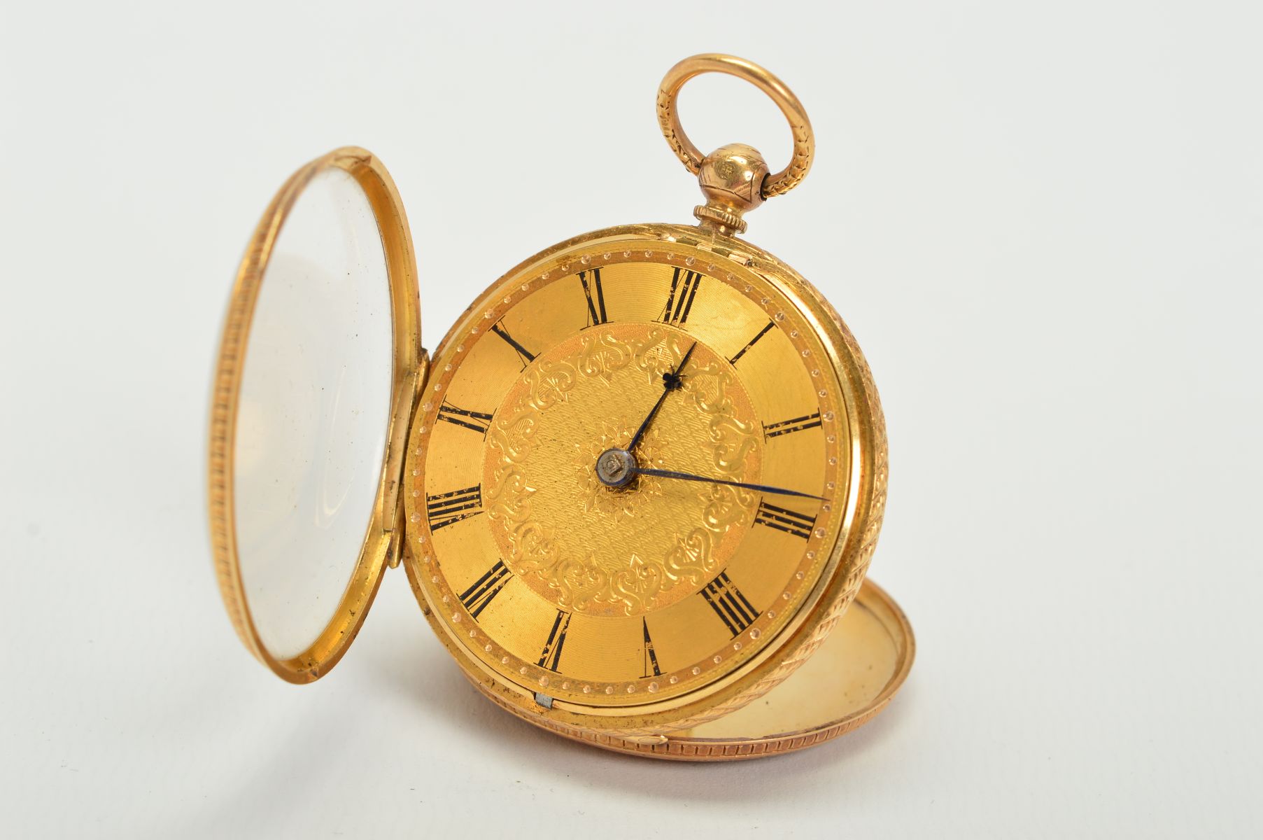 AN 18CT GOLD POCKET WATCH, measuring approximately 38mm in diameter, fancy floral and engine - Image 3 of 4