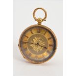 A GOLD POCKET WATCH, measuring approximately 38mm in diameter, floral patterned gilt dial, Roman