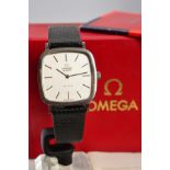 AN OMEGA DE VILLE QUARTZ WRISTWATCH, cushion shaped case, silver coloured dial with batons, Omega