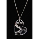 A MODERN ROBERTO COIN 18CT WHITE GOLD, DIAMOND AND ONYX DOUBLE HEART, Asymmetric design, diamond set