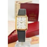 A 1980'S OMEGA DE VILLE QUARTZ WRISTWATCH, gold plated rectangular case with cut corners and a