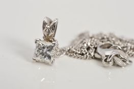 A MODERN PLATINUM SINGLE STONE PRINCESS CUT DIAMOND PENDANT, estimated weight 0.64ct, colour