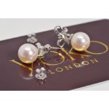 A MODERN PAIR OF YOKO 18CT WHITE GOLD CULTURED PEARL AND DIAMOND BOW DESIGN DROP EARRINGS,