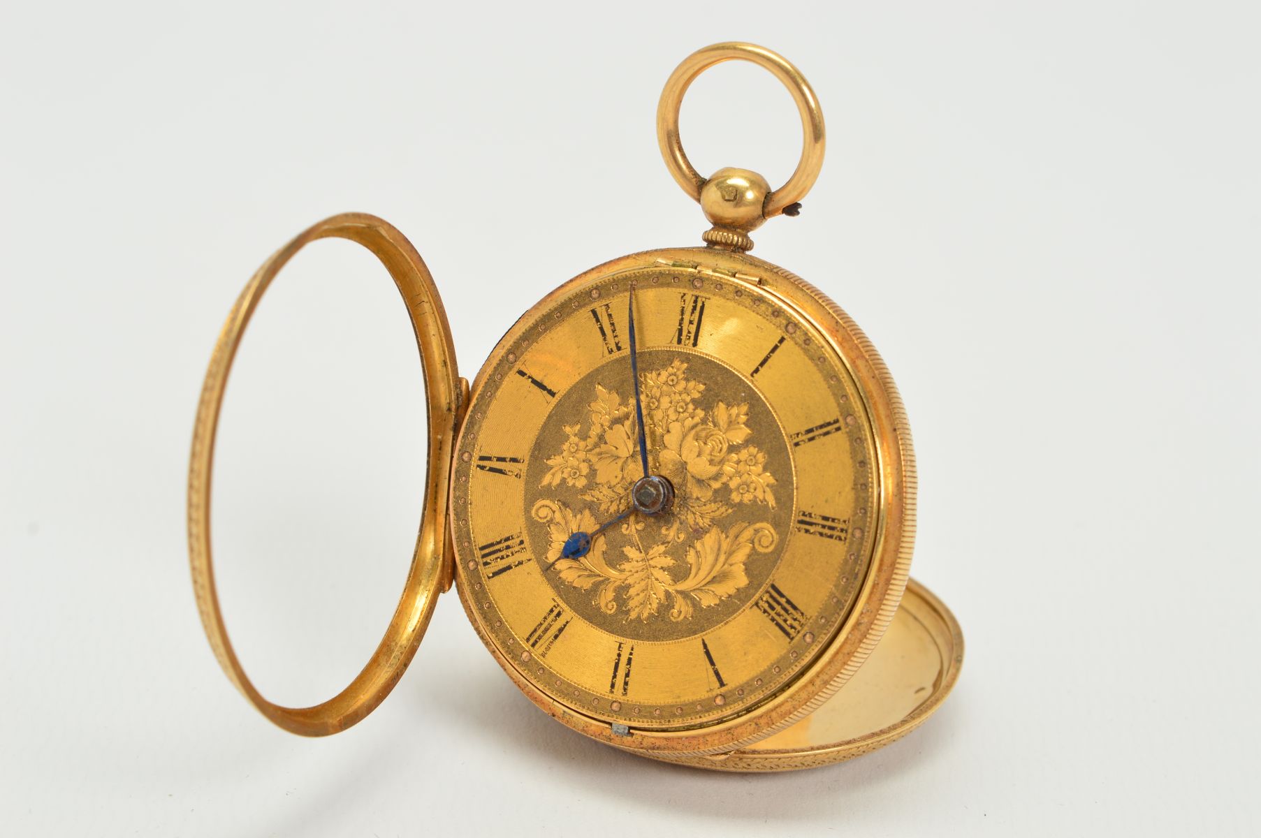 AN 18CT GOLD POCKET WATCH, measuring approximately 38mm in diameter, fancy floral dial, blue steeled - Image 2 of 5