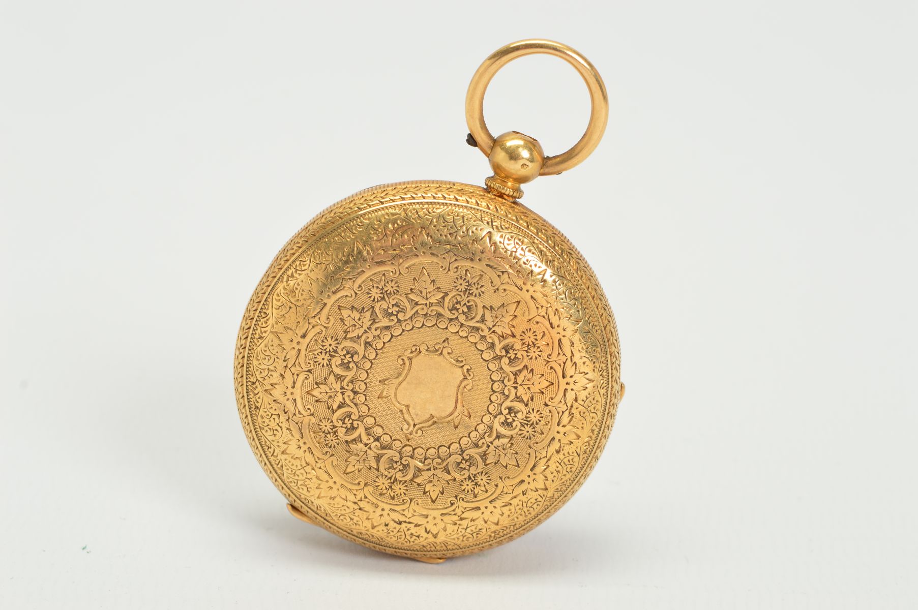 AN 18CT GOLD POCKET WATCH, measuring approximately 38mm in diameter, fancy floral dial, blue steeled - Image 5 of 5