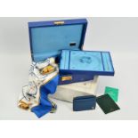 A ROLEX WATCH AND JEWELLERY BOX, marble style outer box, Royal blue Jubilee design leather exterior,