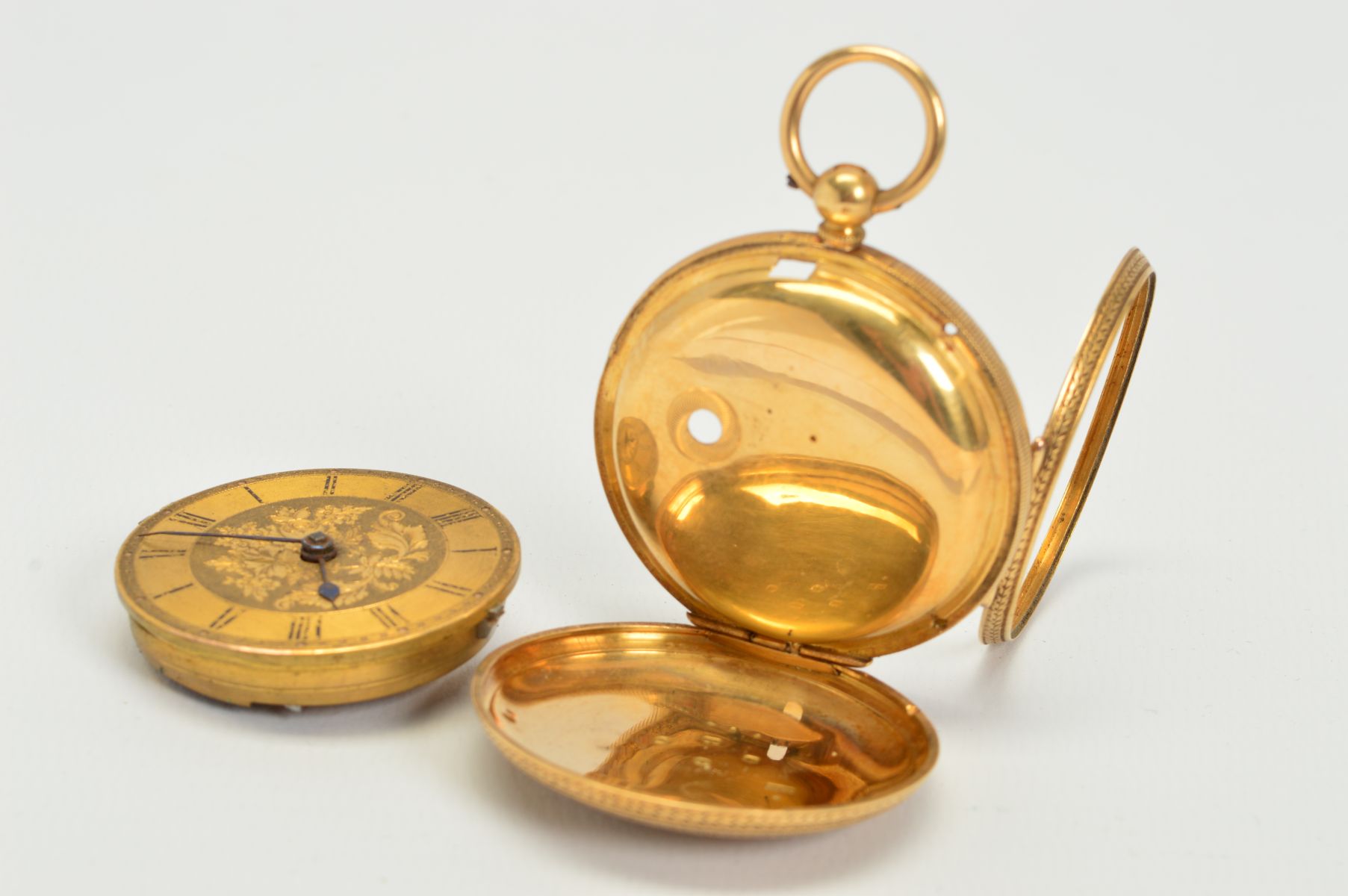 AN 18CT GOLD POCKET WATCH, measuring approximately 38mm in diameter, fancy floral dial, blue steeled - Image 3 of 5