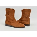 A PAIR OF JIMMY CHOO SUEDE ANKLE BOOTS, the brown corded suede outer with small buckle detail and