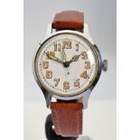 A MID CENTURY BWC CASED WRISTWATCH, stainless steel case, faded block Arabic numeral on a white