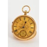 AN 18CT GOLD POCKET WATCH, measuring approximately 43mm in diameter, fancy floral dial with