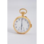 AN 18CT OPEN FACED QUARTER REPEATER POCKET WATCH, enamel Arabic numeral dial with a subsidiary dial,