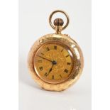 A 15CT LADIES POCKET WATCH, floral decoration, gold dial with Roman numerals, cartouche displayed on
