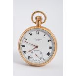 A 9CT OPEN FACED POCKET WATCH BY J.W. BENSON, enamel Roman numeral dial with a subsidiary dial,