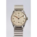 OMEGA MID 20TH CENTURY MECHANIC WRISTWATCH, round stainless steel case with a silvered Arabic