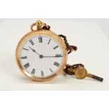 AN EARLY 20TH CENTURY 18CT GOLD OPEN FACE POCKET WATCH, the white face with black Roman numerals,