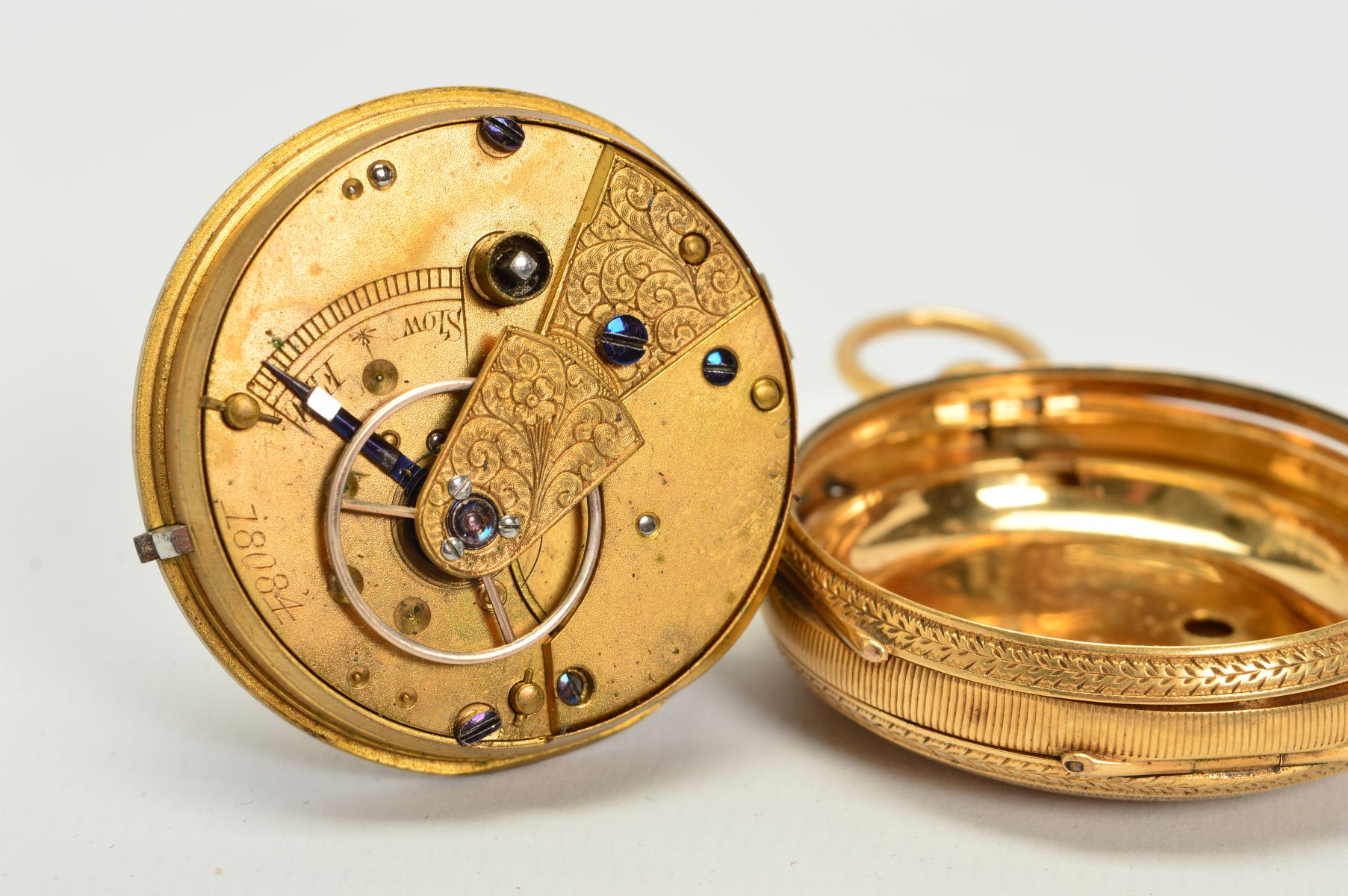 AN 18CT GOLD POCKET WATCH, measuring approximately 38mm in diameter, fancy floral dial, blue steeled - Image 4 of 5