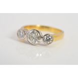 AN 18CT GOLD THREE STONE DIAMOND RING, designed as three brilliant cut diamonds within collet