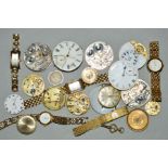 A SELECTION OF WATCHES AND WATCH PARTS, to include five gold plated ladies wrist watches, pocket