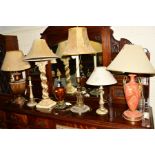 FIVE VARIOUS DECORATIVE RESIN TABLE LAMPS and a pair of table lamps (7)