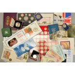 A SHOE BOX AND COIN CASE OF MISCELLANEOUS COINAGE, to include year sets, silver coins, loose and