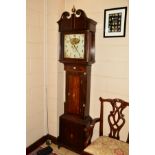 AN EARLY 19TH CENTURY OAK AND MAHOGANY BANDED LONGCASE CLOCK, the broken swan neck pediment with