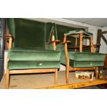A PAIR OF MAHOGANY GREEN UPHOLSTERED WING BACK ARMCHAIRS, together with a similar stool (3)