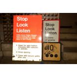 A B.R. RAILWAY CROSSING STOP LOOK LISTEN WARNING NOTICE, screen printed aluminium sign, width