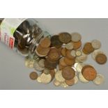 A JAR OF MIXED COINS, containing an amount of silver coinage