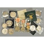 A BOX LID OF COINS AND COMMEMORATIVES, to include a Blister 1953 QEII coin set, a 1937 and 1951