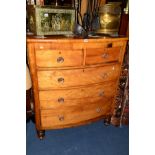 AN EARLY VICTORIAN SATINWOOD BOWFRONT CHEST OF TWO SHORT AND THREE GRADUATING DRAWERS, with later