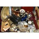 A BOX OF SILVER AND PLATE, including pocket watches, a late Victorian silver cheroot case, folding