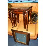 AN EARLY 20TH CENTURY OAK BOBBIN TURNED CANE SEATED STOOL, a mahogany nest of three tables, an oak