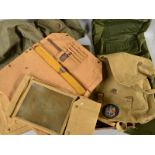 A BOX CONTAINING WWII ERA CANVAS MAP CASES, DOCUMENT CASES IN WEBBING, etc, large green waterproof