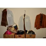 THREE BOXES AND LOOSE CLOTHING AND ACCESSORIES ETC, to include leather and fur jackets, assorted
